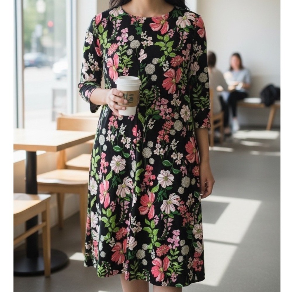 Tommy Hilfiger Midi Dress Womens 14W Black Pink Garden Party Wedding Guest Flora
